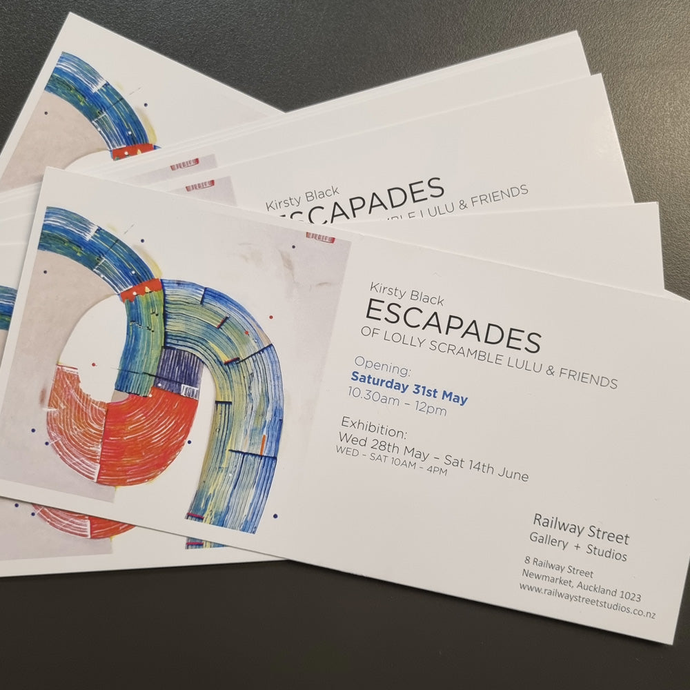 Invites to abstract art exhibition by Kirsty Black at Railway St Gallery, Newmarket, Auckland NZ