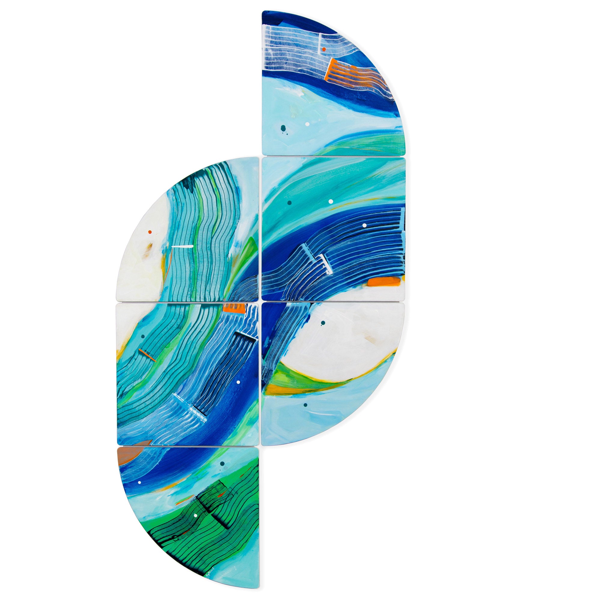 Acrylic wall installation Flipper Rally by Kirsty Black, blue & green colour palette with touches of orange, vibrant abstract diptych for modern interiors