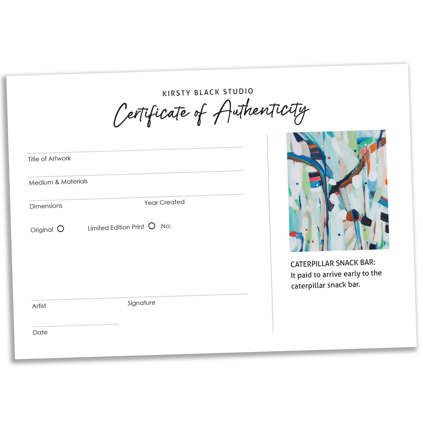 Certificate of Authenticity for Kirsty Black Studio