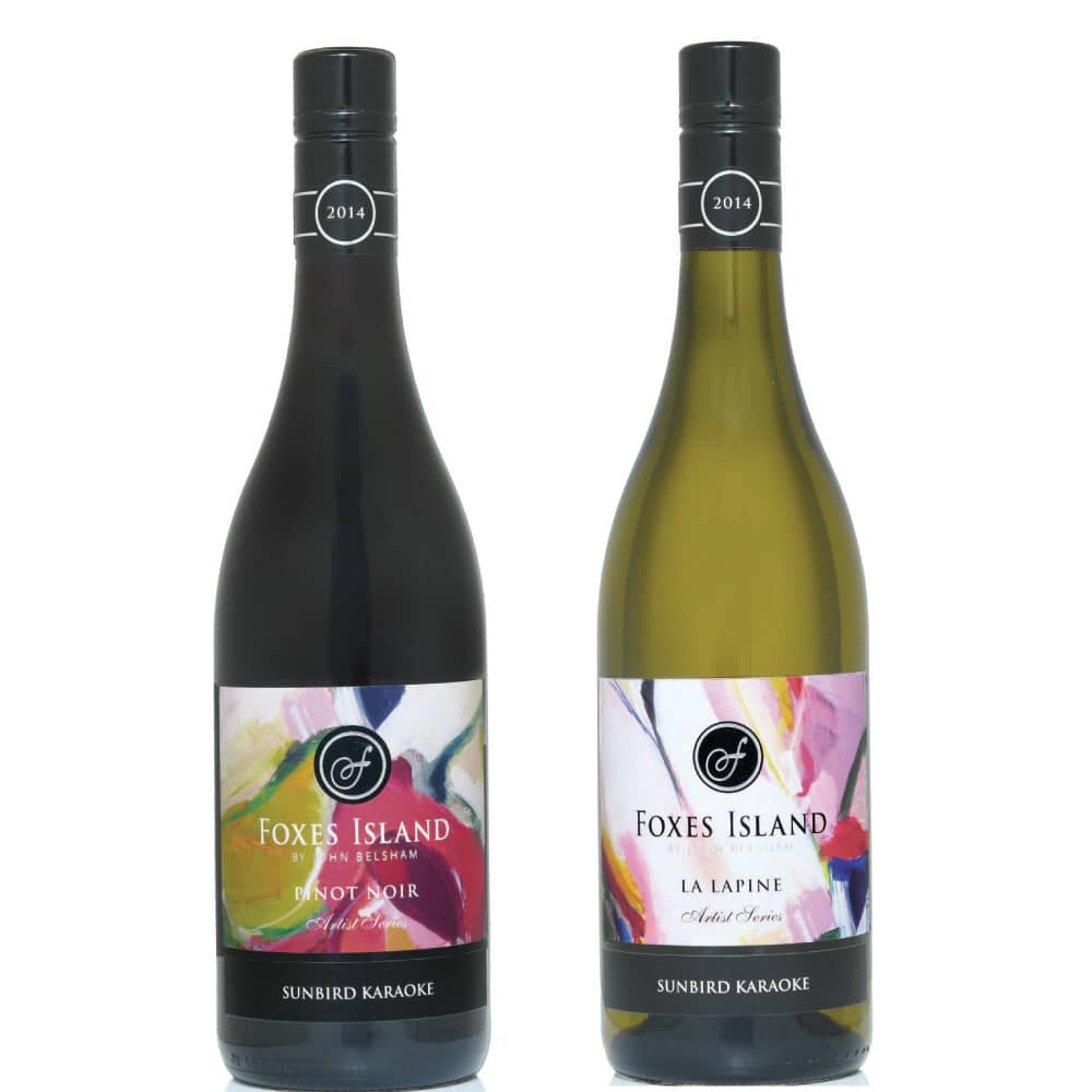 Delicious Foxes Island Artist Series Wine featuring Sunbird Karaoke painting by Kirsty Black