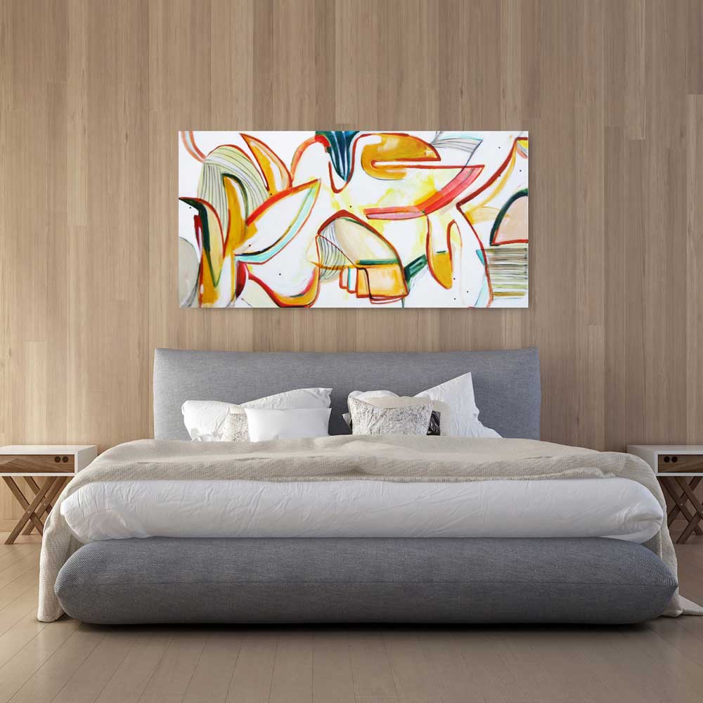 Cockatoo Road Trip abstract painting by Kirsty Black hung above grey upholstered bed in warm timber-lined bedroom with linen bedding and timber bedside tables