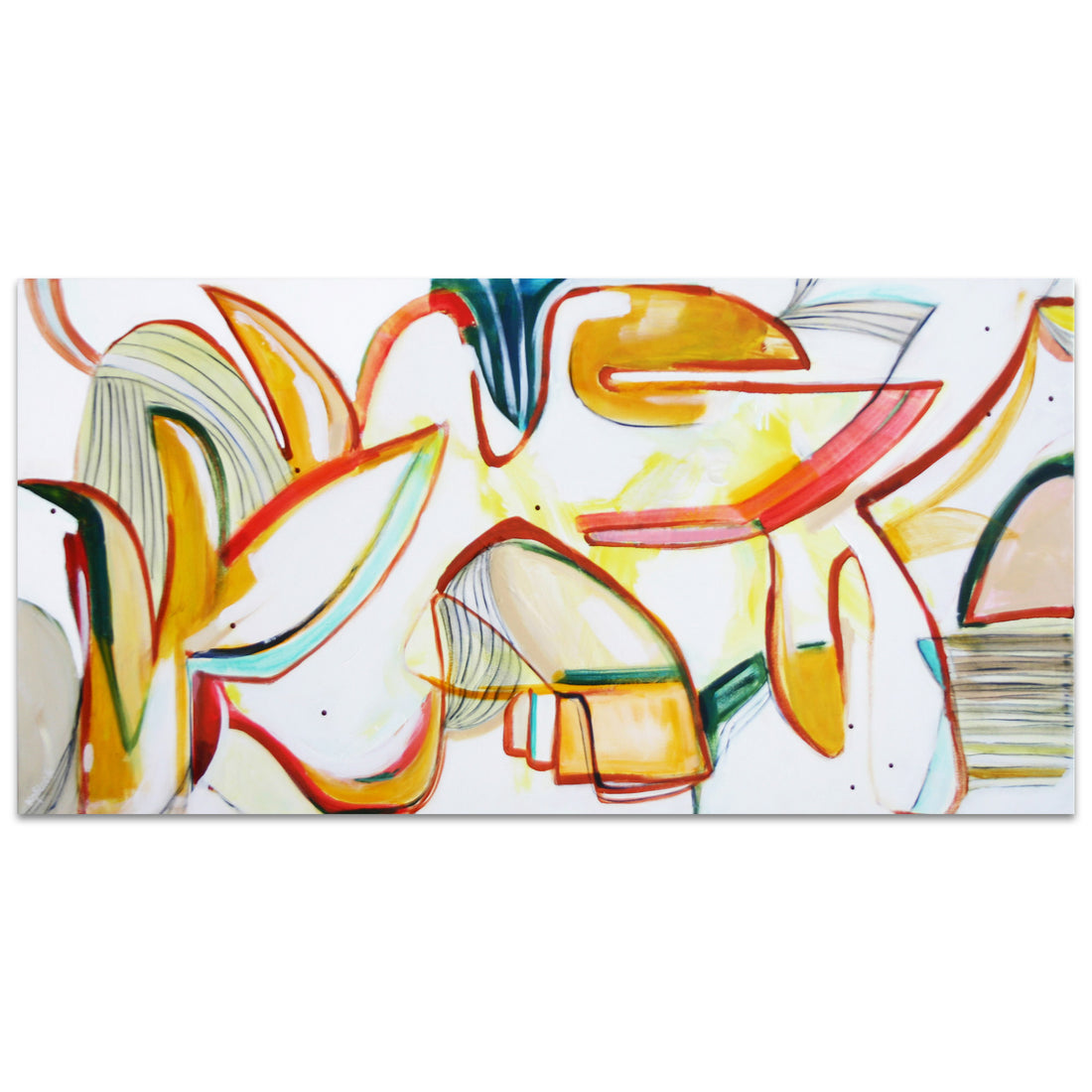 Cockatoo Road Trip original abstract painting by Kirsty Black featuring sweeping organic forms in warm yellow, orange and red outlined in coral with teal accents on white canvas