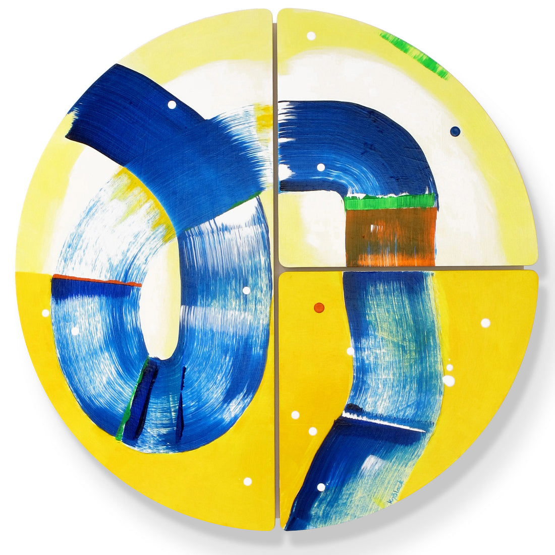 Full view of Hippo Water Chute original abstract wall sculpture by Kirsty Black circular artwork with looping cobalt blue forms on a vivid yellow ground with green and orange accents.