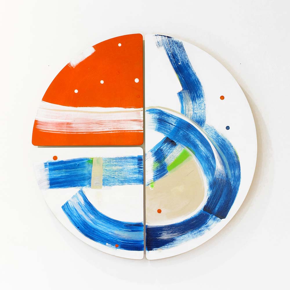 Full view of Swashbuckle Peg original abstract wall sculpture by Kirsty Black circular 3 tile bevelled ply with a bold orange block and sweeping cobalt blue arcs on white.