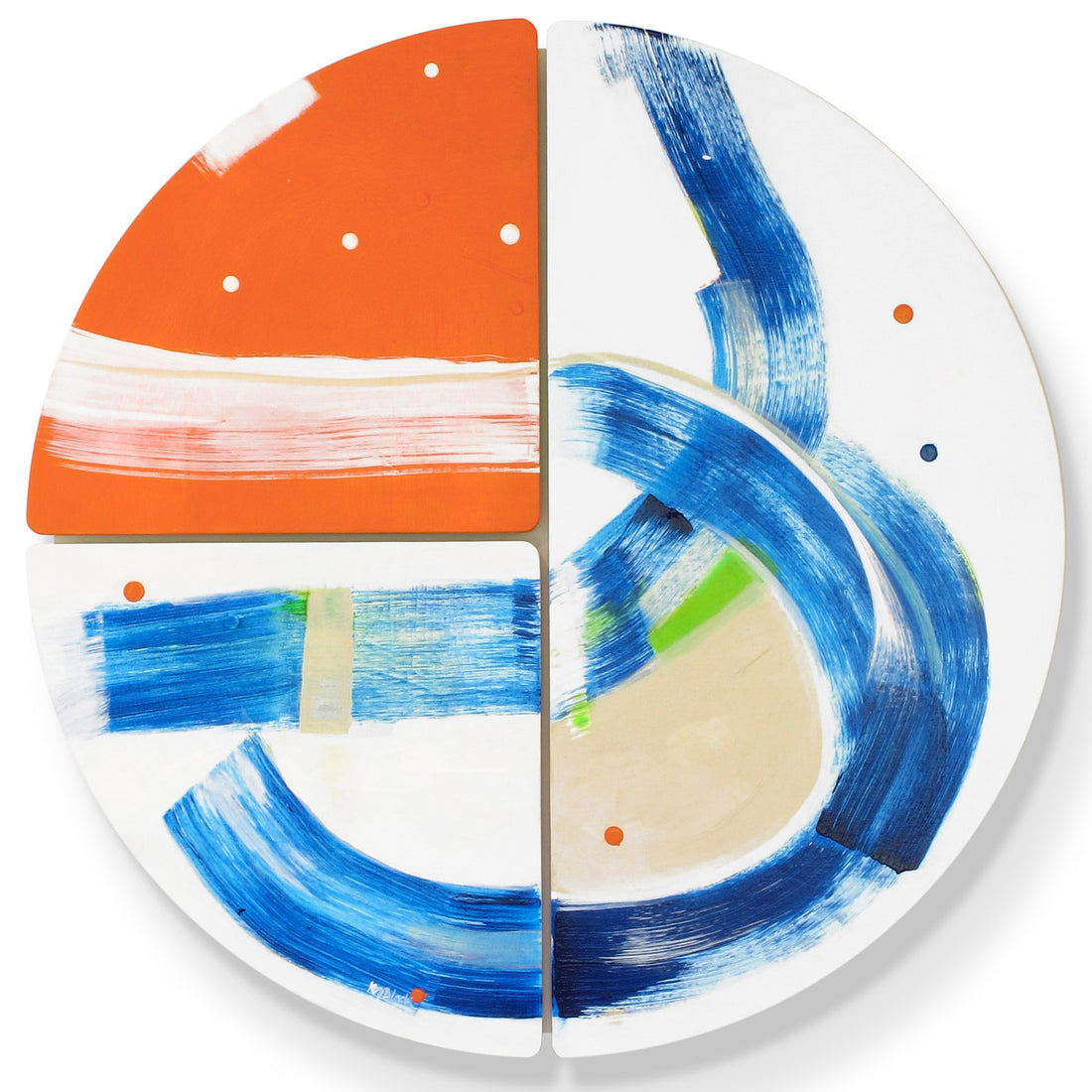 Full view of Swashbuckle Peg original abstract wall sculpture by Kirsty Black circular 3 tile bevelled ply with a bold orange block and sweeping cobalt blue arcs on white.