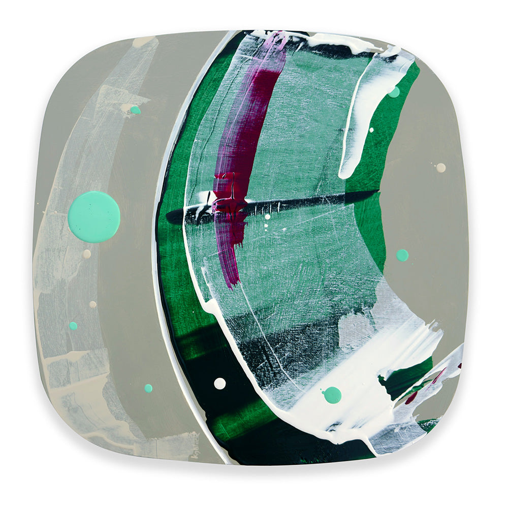 Absinthe Gelato original abstract painting by Kirsty Black, featuring sweeping emerald and mint green brushwork, bold white strokes and deep magenta accents against soft grey fields, with a curved groove and scattered mint and white dots.