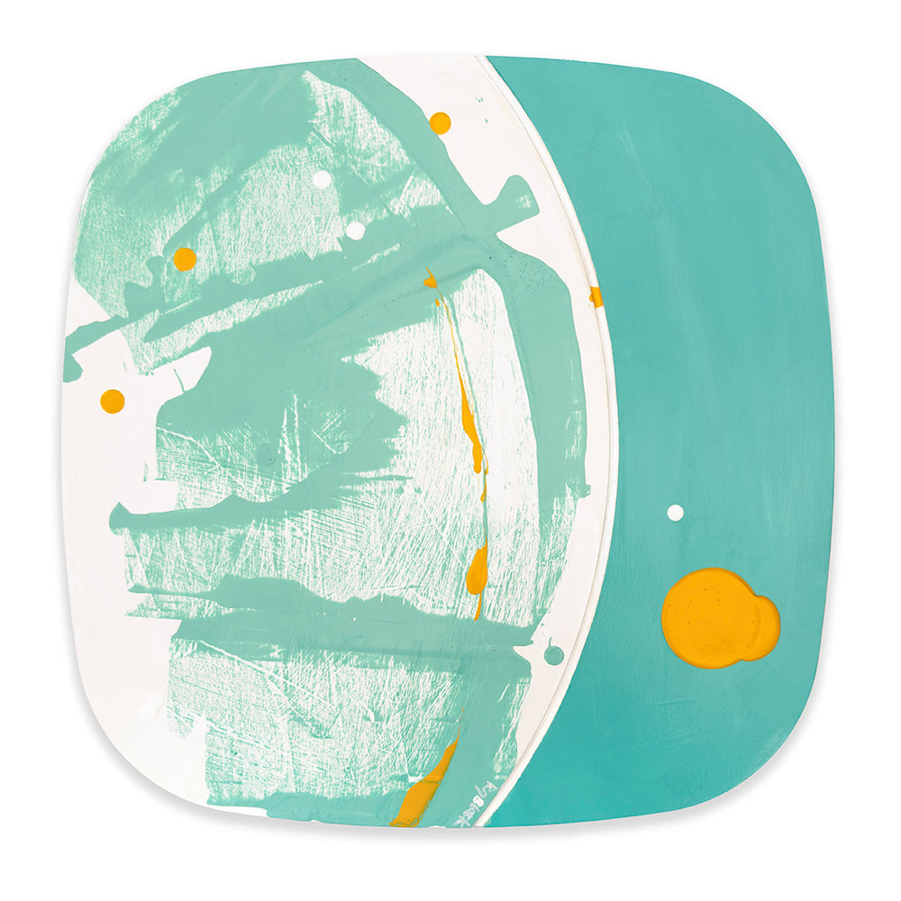 Agave Gelato by Kirsty Black. Original 392mm square abstract painting on bevelled ply, featuring turquoise, mint green and golden yellow, with expressive brushwork, a curved white groove and scattered dots.