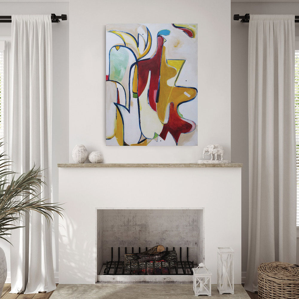 Bantam Bandits abstract painting by Kirsty Black hung above stone fireplace in bright white living room with linen curtains, ceramic mantle ornaments and woven basket