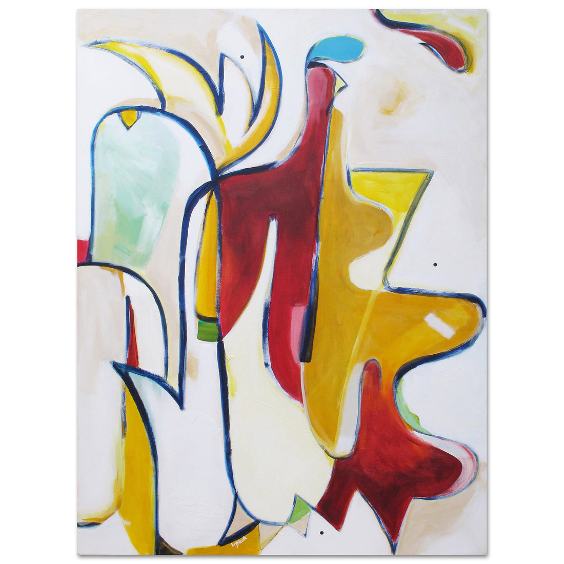 Bantam Bandits original abstract painting by Kirsty Black featuring bold organic forms in deep red, golden yellow and sage green outlined in navy blue on white canvas