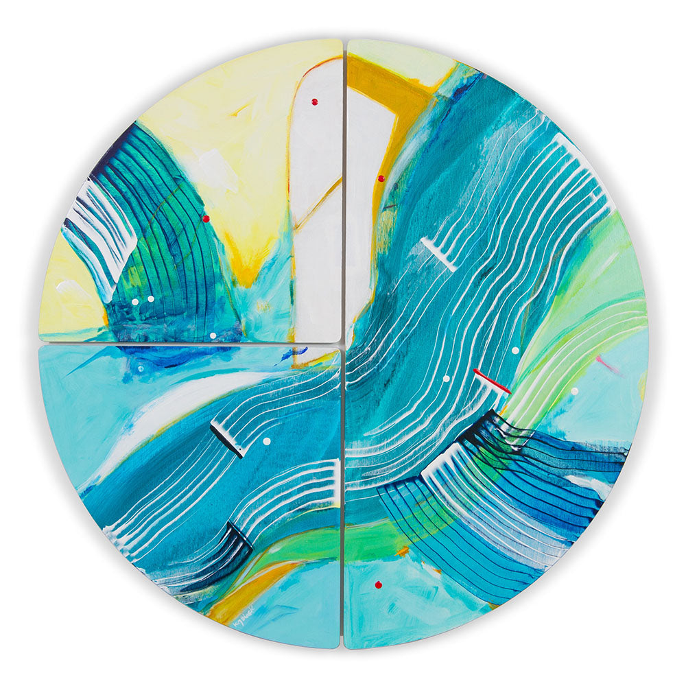 Beaver Headquarters, round abstract artwork on ply, in a green, blue , yellow, white, fluid brushstrokes.