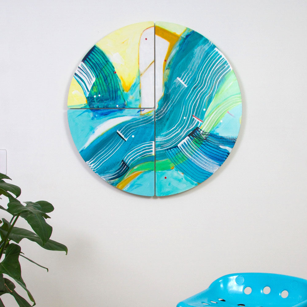 Beaver Headquarters, round abstract artwork hanging on a white wall