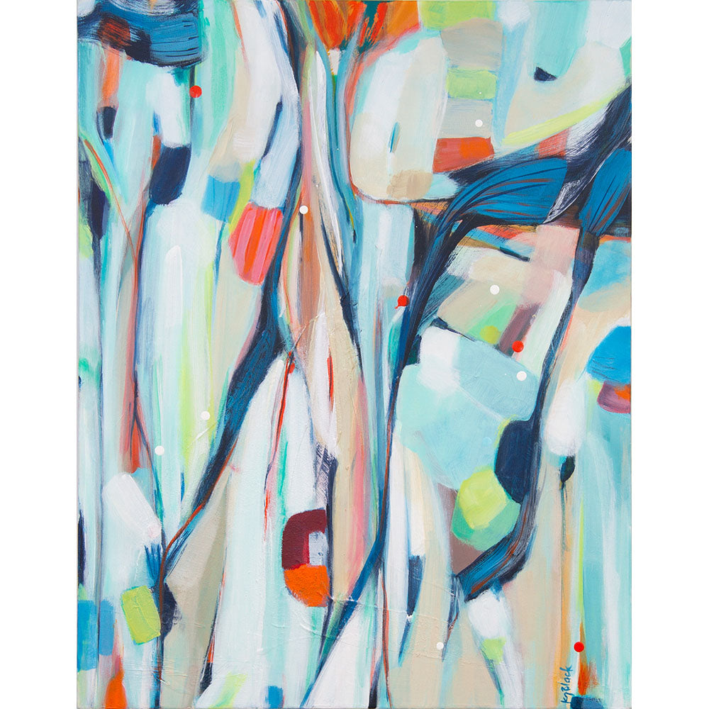 Abstract acrylic painting on canvas, Bobcat Pyjama Party by Kirsty Black, featuring bold lines, layered brushstrokes & pops of vibrant colour