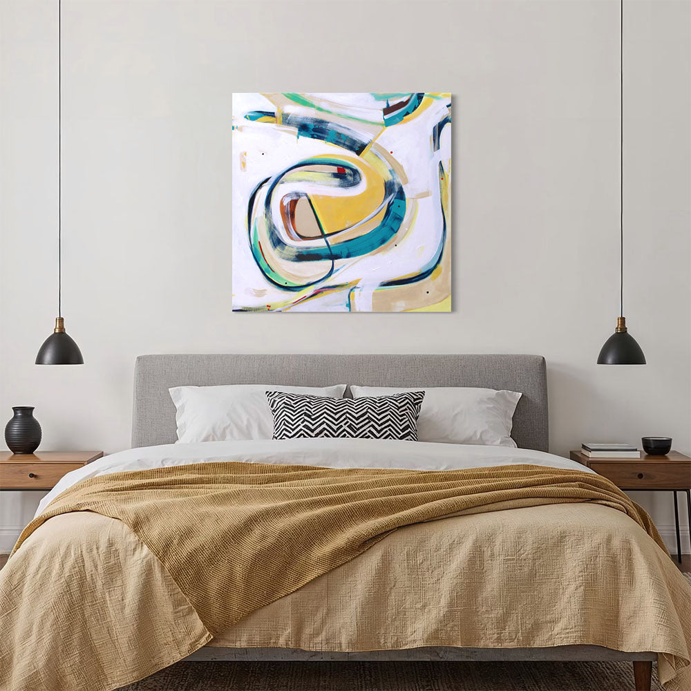 Breakneck Brenda abstract painting by Kirsty Black hung above grey upholstered bed in warm contemporary bedroom with mustard yellow bedding, timber bedside tables and black pendant lights