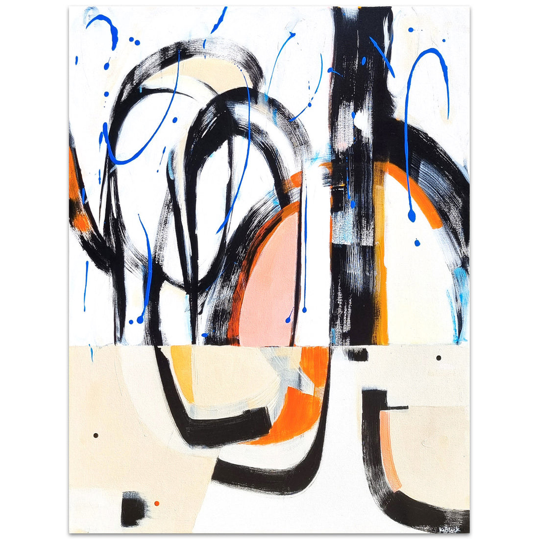 Brouhaha original abstract painting by Kirsty Black featuring frenetic looping black arcs with orange and blush pink forms and electric blue splatter in upper half, quieter cream and beige marks in lower half on canvas