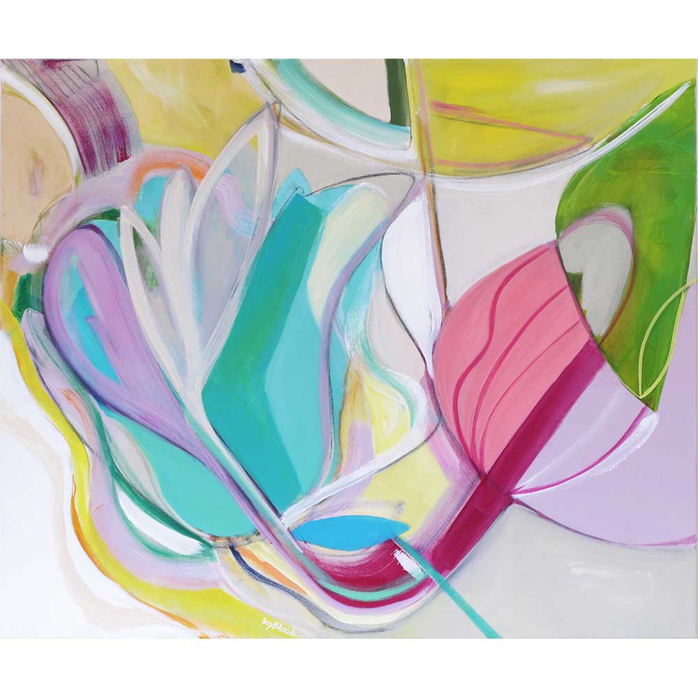 Bush Baby Bonnet painting for sale, violet, pink, green, yellow palette