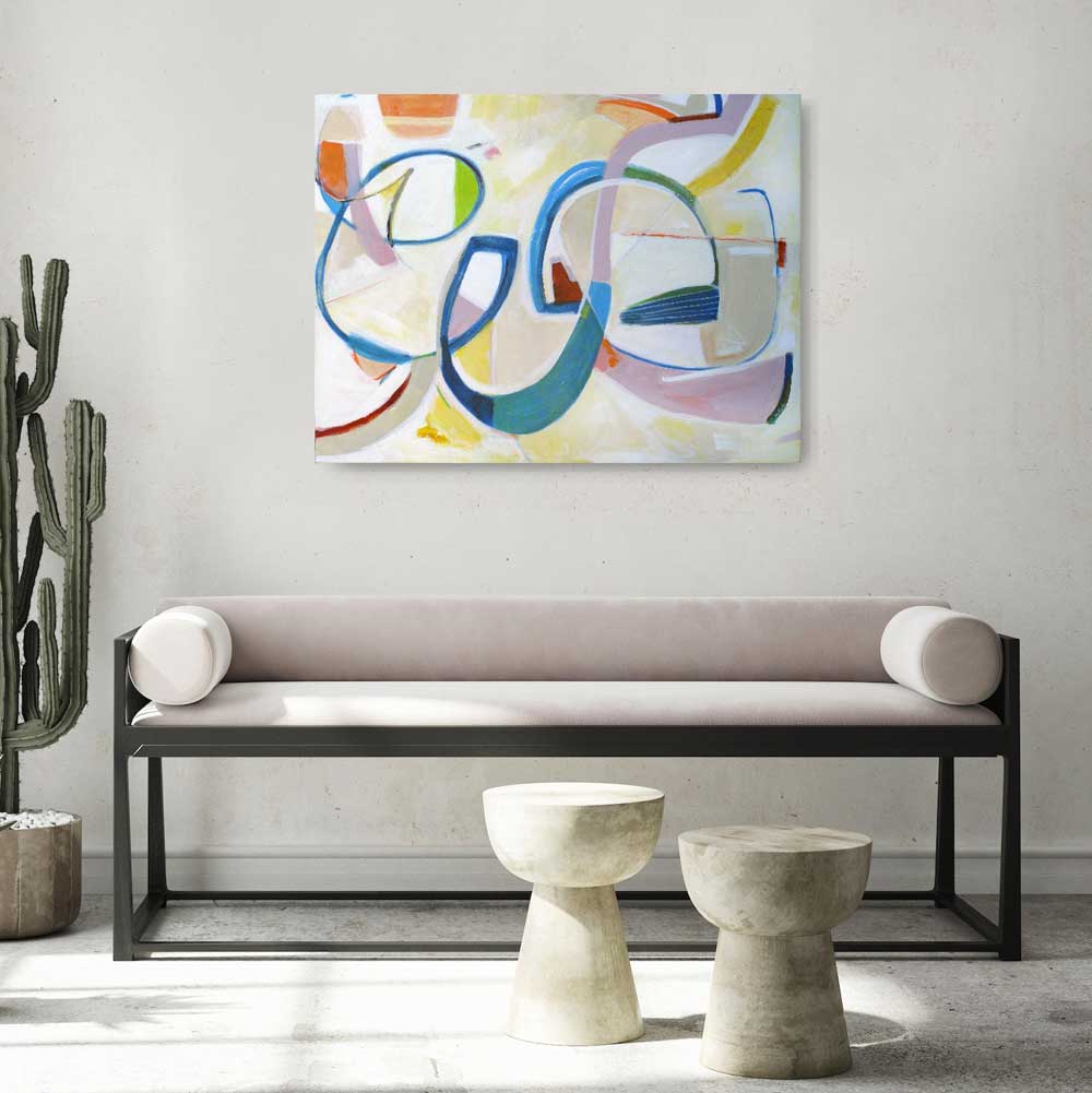 Cabin Fever abstract painting by Kirsty Black hung horizontally on concrete wall above modern grey bench with cacti and ceramic stools