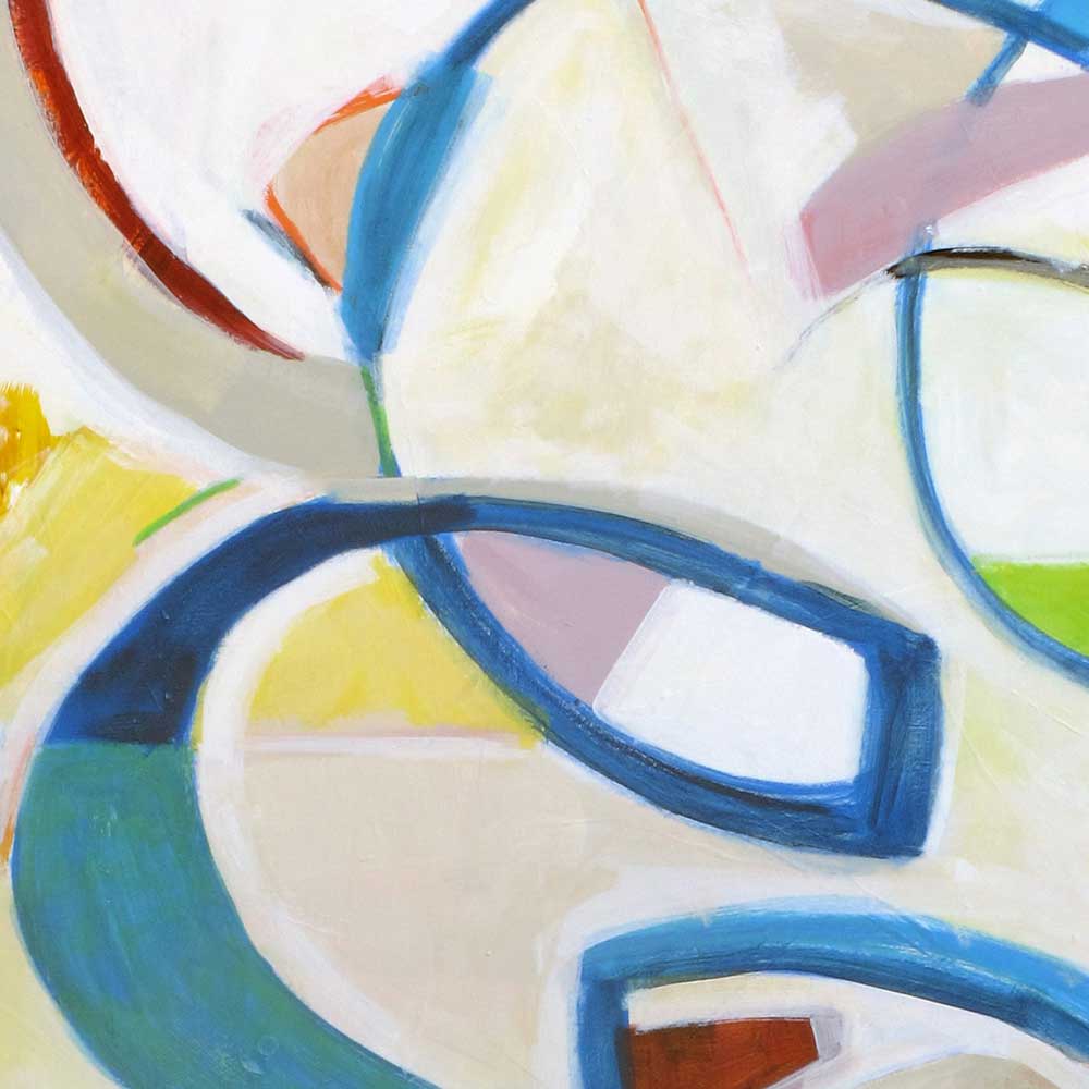 Detail of Cabin Fever showing soft lavender pink curved form with navy blue striped element outlined in olive green