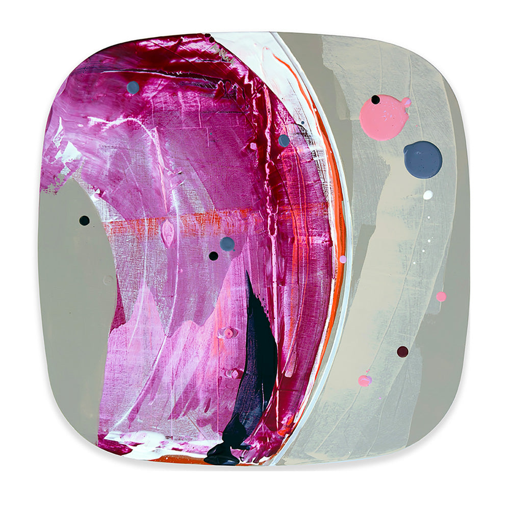 Campari Gelato original abstract painting by Kirsty Black shown in its alternative hanging orientation, with expressive magenta and raspberry brushwork on the left, soft grey on the right, a curved white groove and playful coloured dots.