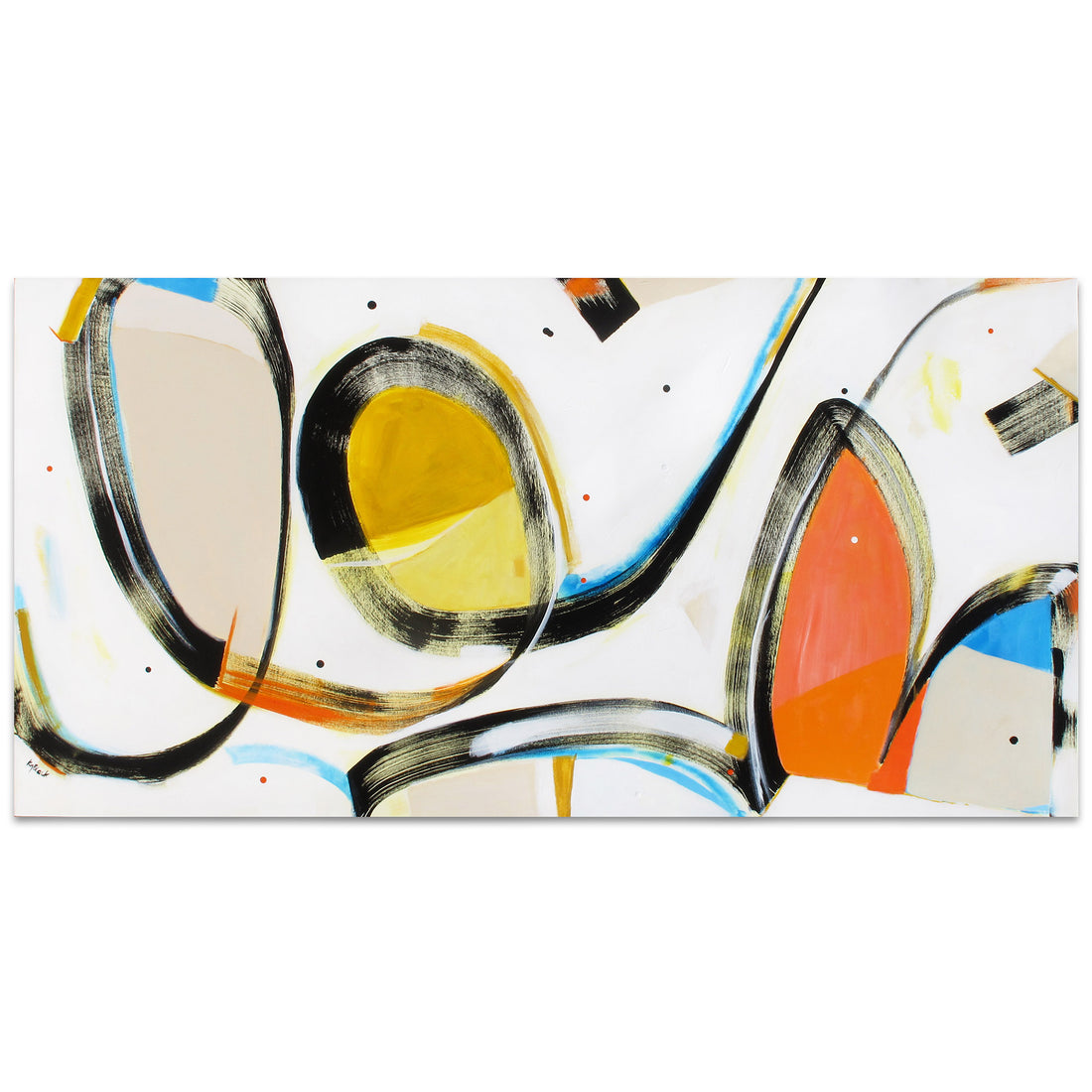 Catapult Katarina original abstract painting by Kirsty Black featuring bold black sweeping arcs enclosing golden yellow, orange, sky blue and sand organic forms on white canvas