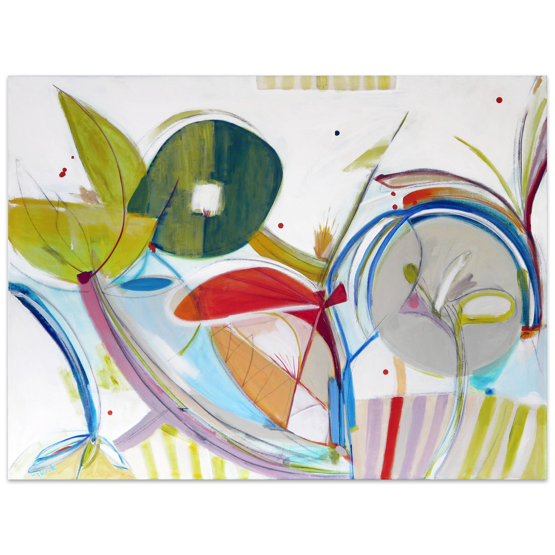 Caterpillar Fiesta original abstract painting by Kirsty Black featuring organic green leaf forms, bold circular shapes, sweeping arcs in blue and pink, and red-orange accents on white background