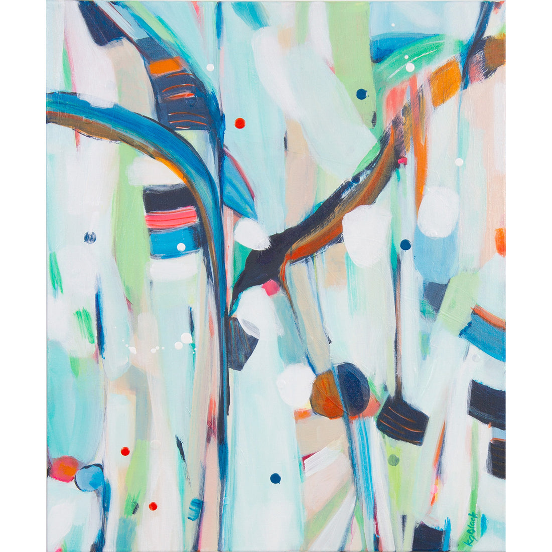 Abstract painting with vibrant brushstrokes, bold colours & playful dots on a light background by Kirsty Black.