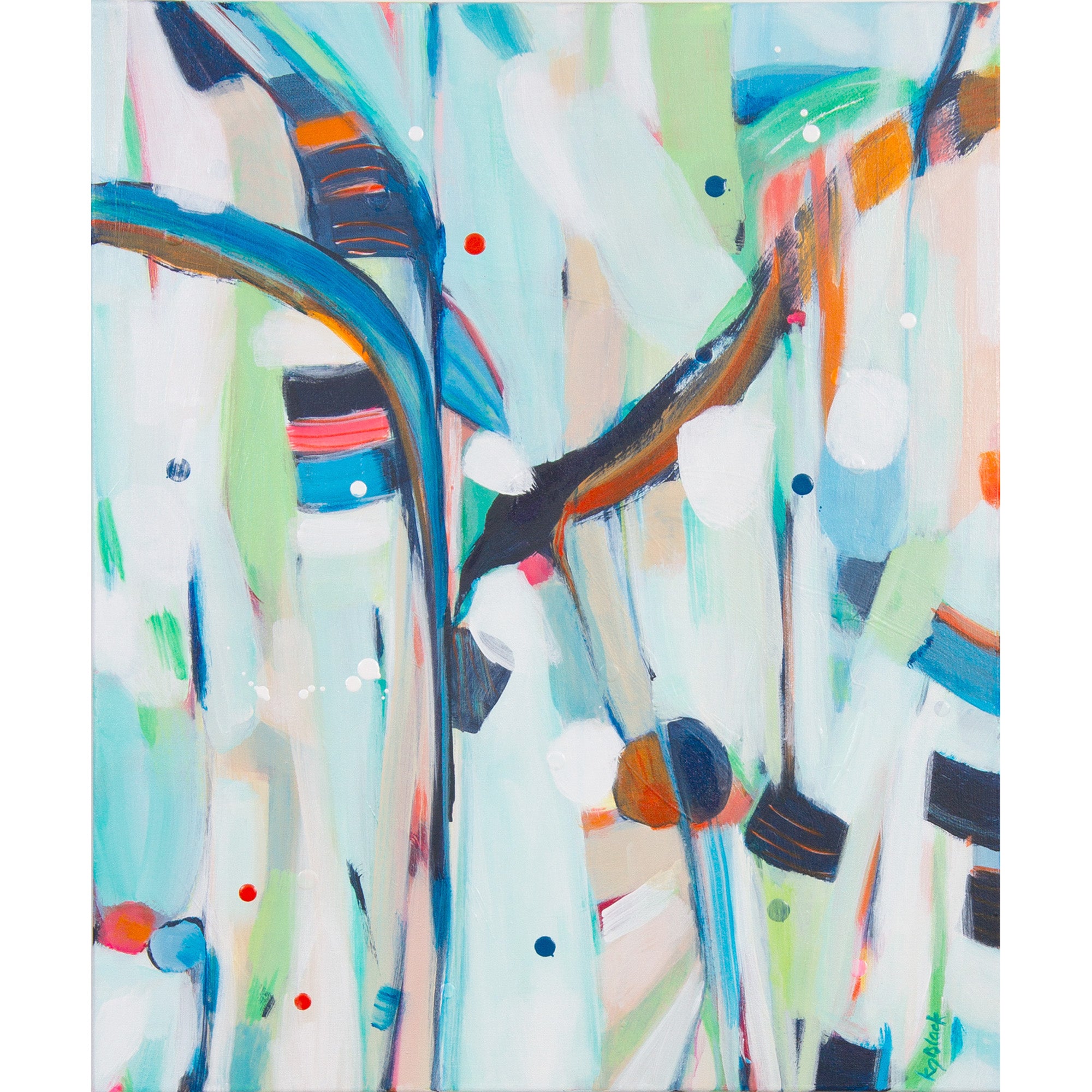 Abstract painting with vibrant brushstrokes, bold colours & playful dots on a light background by Kirsty Black.