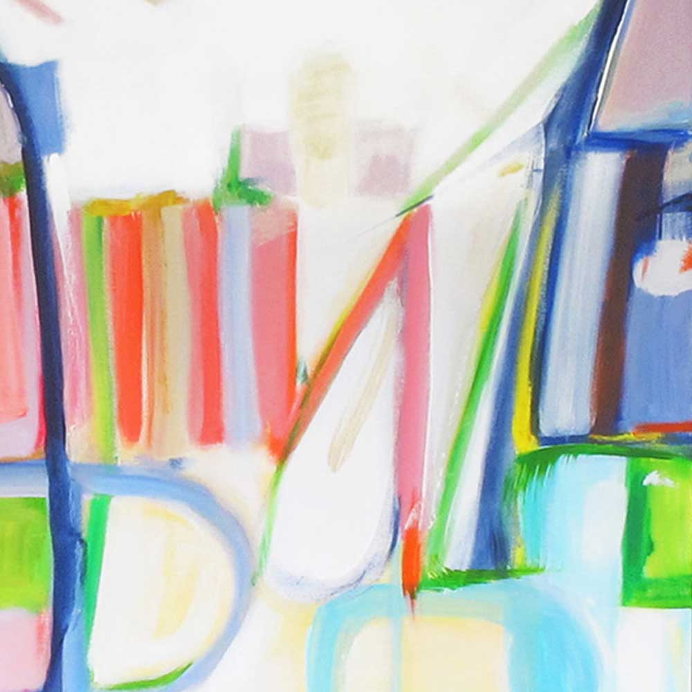 Detail of Chameleon Rollercoaster showing coral pink and red vertical striped section with royal blue outlined forms and lime green accents