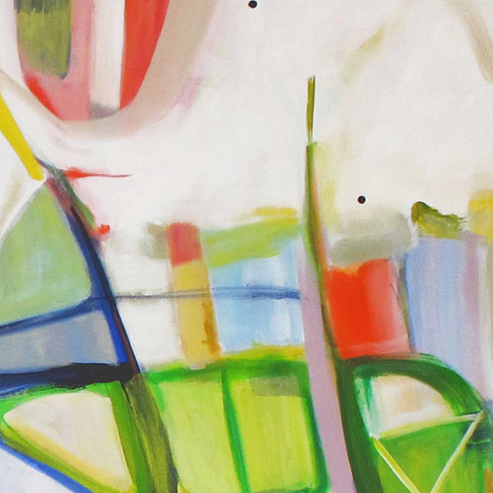 Close-up detail of Chameleon Rollercoaster showing bright lime green geometric shapes outlined in navy blue with coral orange vertical stripes and soft lavender washes
