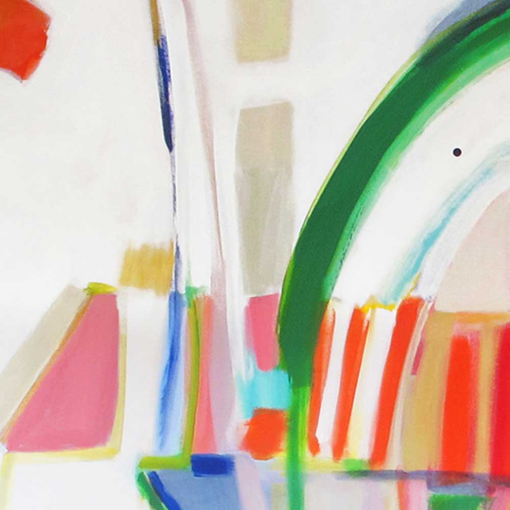 Detail of Chameleon Rollercoaster showing scattered coral orange and pink rectangles with bright green curved arc and navy blue linear marks on white background