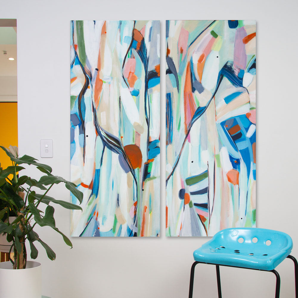 Cottontail Cantina, a vibrant abstract statement diptych hanging on a white wall
