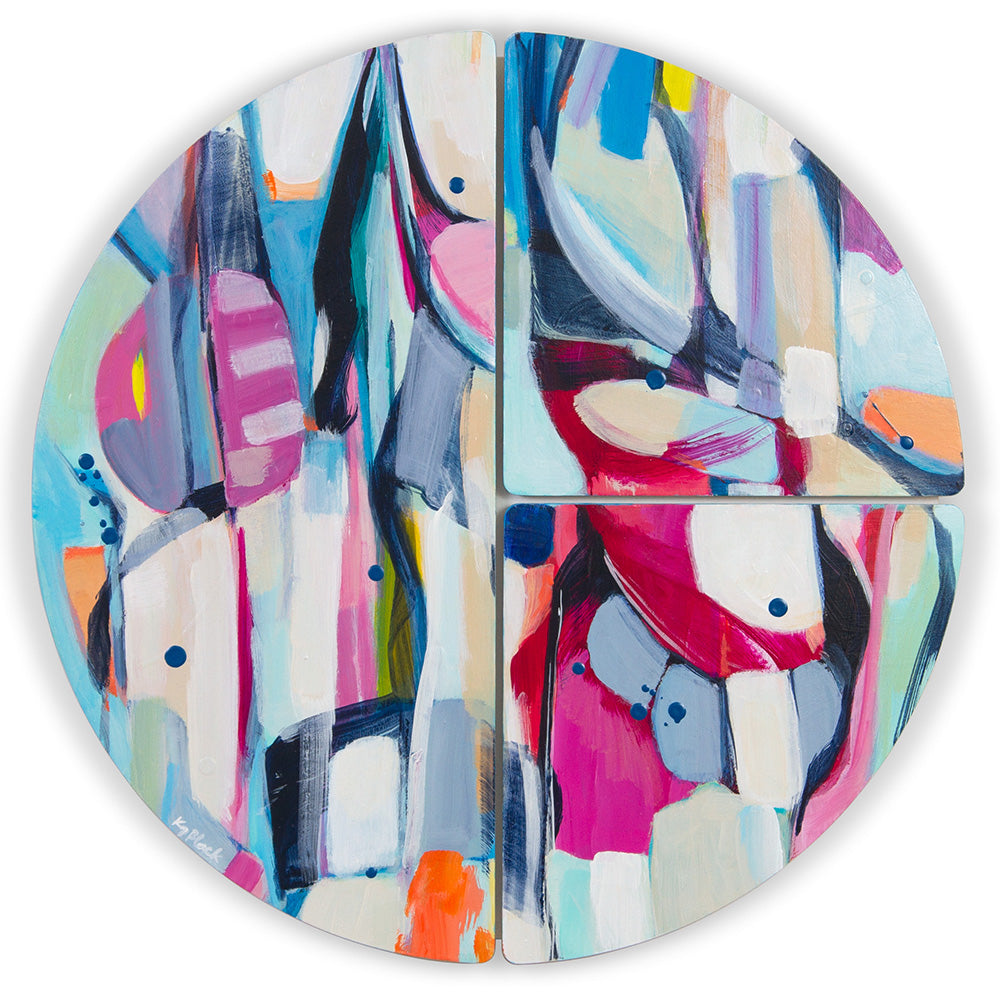 Round abstract artwork, Damselfly Shimmy by Kirsty Black, 3 modular ply with bold, colourful brushstrokes.