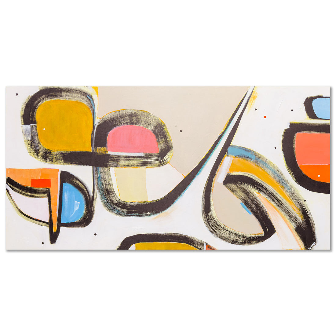 Elephant Limbo original abstract painting by Kirsty Black featuring bold black sweeping arcs enclosing mustard yellow, pink, sky blue, orange and red forms on white canvas