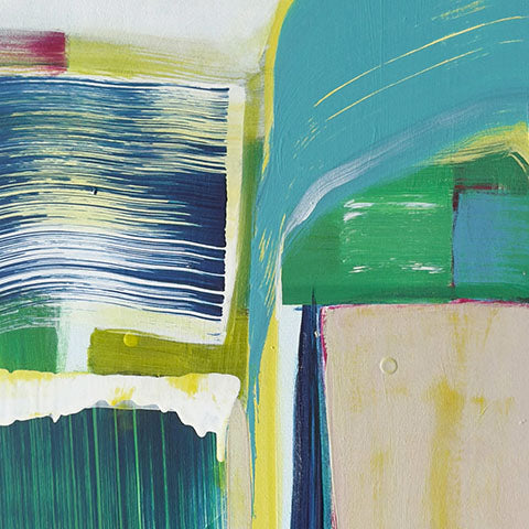 Close-up detail of Gerbil Pirouette showing textured brushwork in layered blue, turquoise and green with pink accents