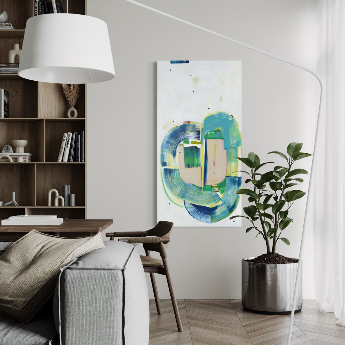 Gerbil Pirouette by Kirsty Black displayed vertically in grey living room interior