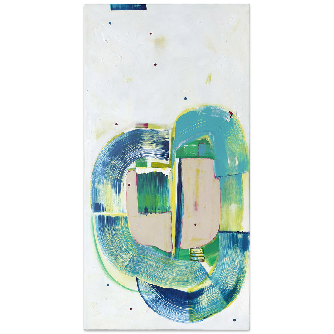 Abstract painting Gerbil Pirouette by NZ artist Kirsty Black, bold blue and green gestural brushstrokes, vertical orientation