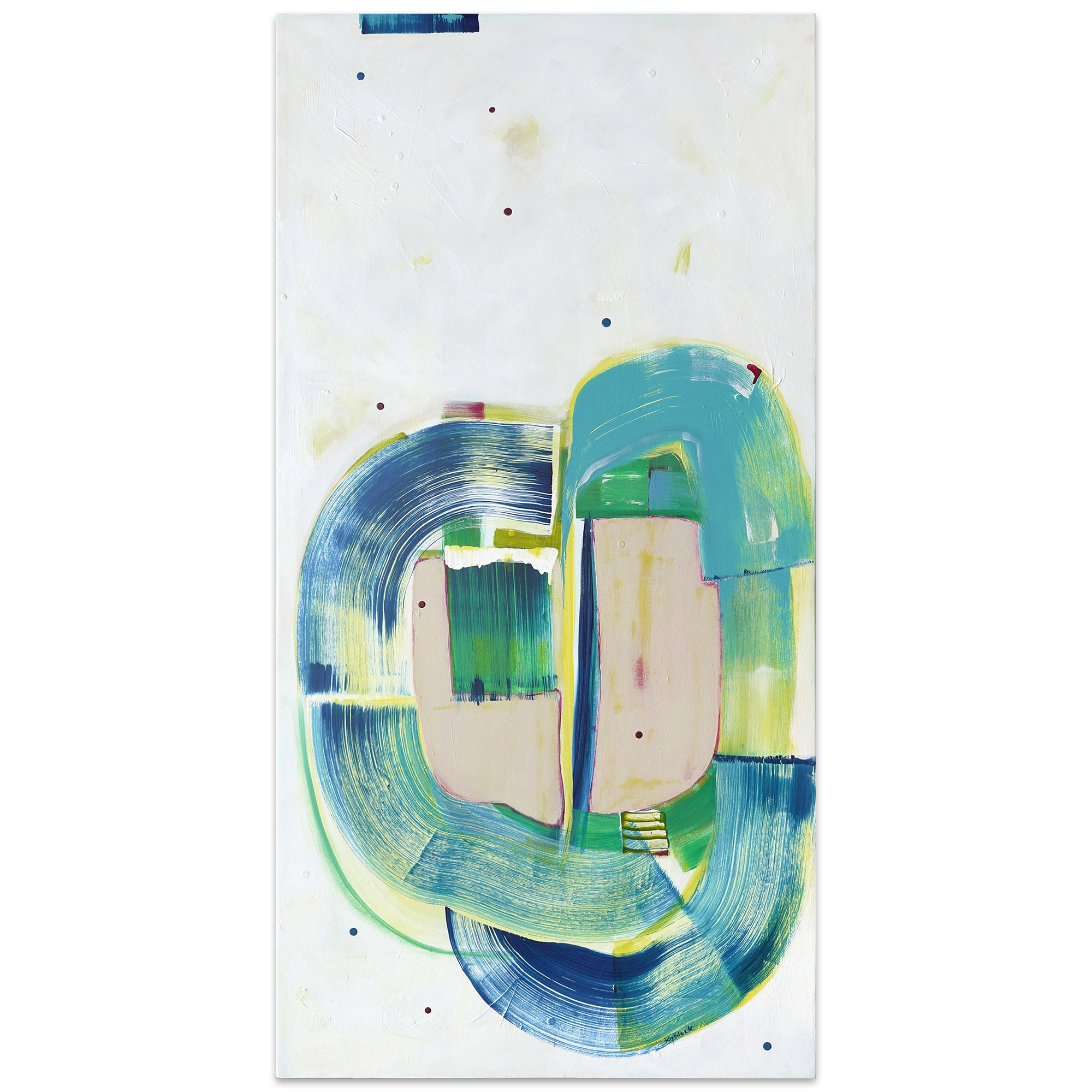 Gerbil Pirouette original abstract painting by Kirsty Black with sweeping navy blue and green brushstrokes, soft pink accents and scattered dots on cream canvas