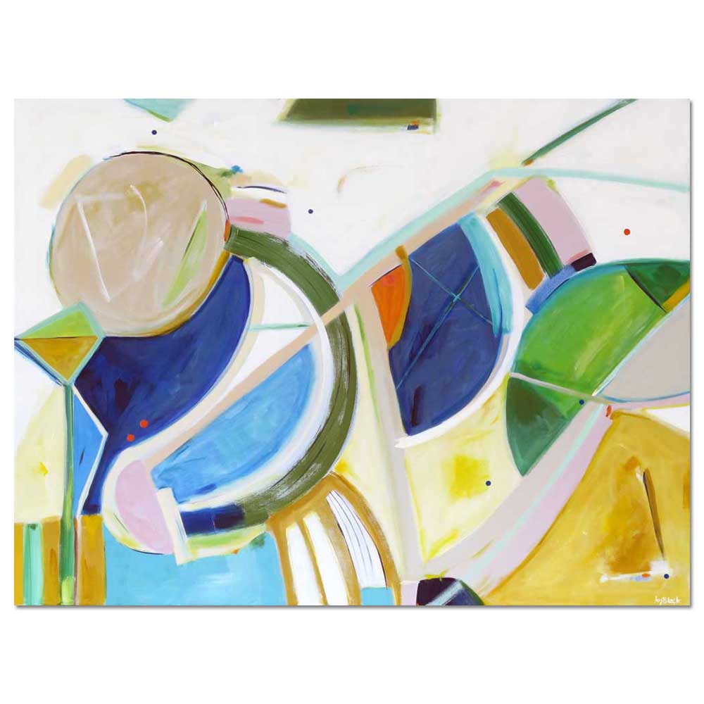 Goosey Gander by Kirsty Black, large colourful abstract painting with layered geometric and organic shapes