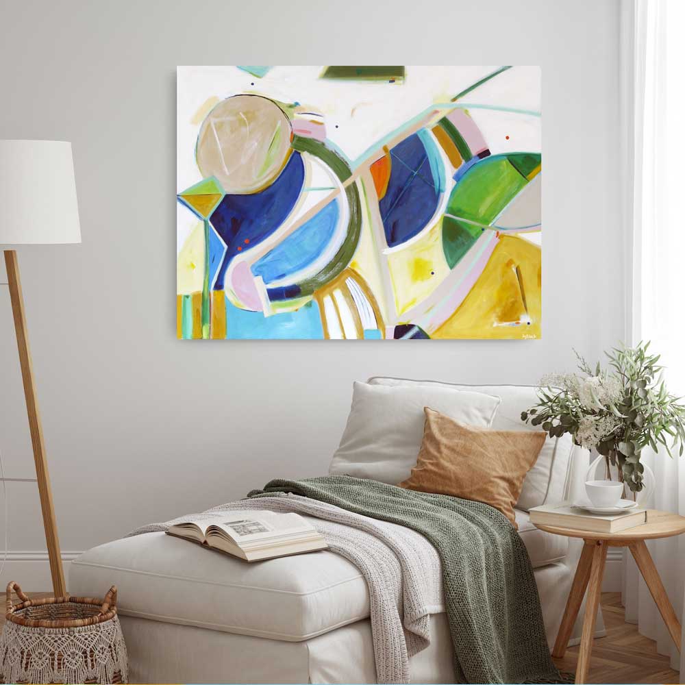 Goosey Gander abstract painting by Kirsty Black hung on grey wall above white chaise lounge in modern minimalist setting