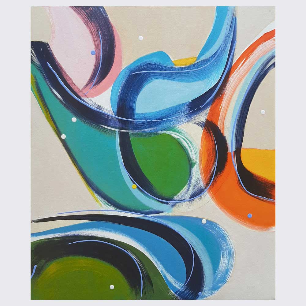 Gossip Guys abstract painting with flowing curved forms in blue, green, orange and pink on beige background
