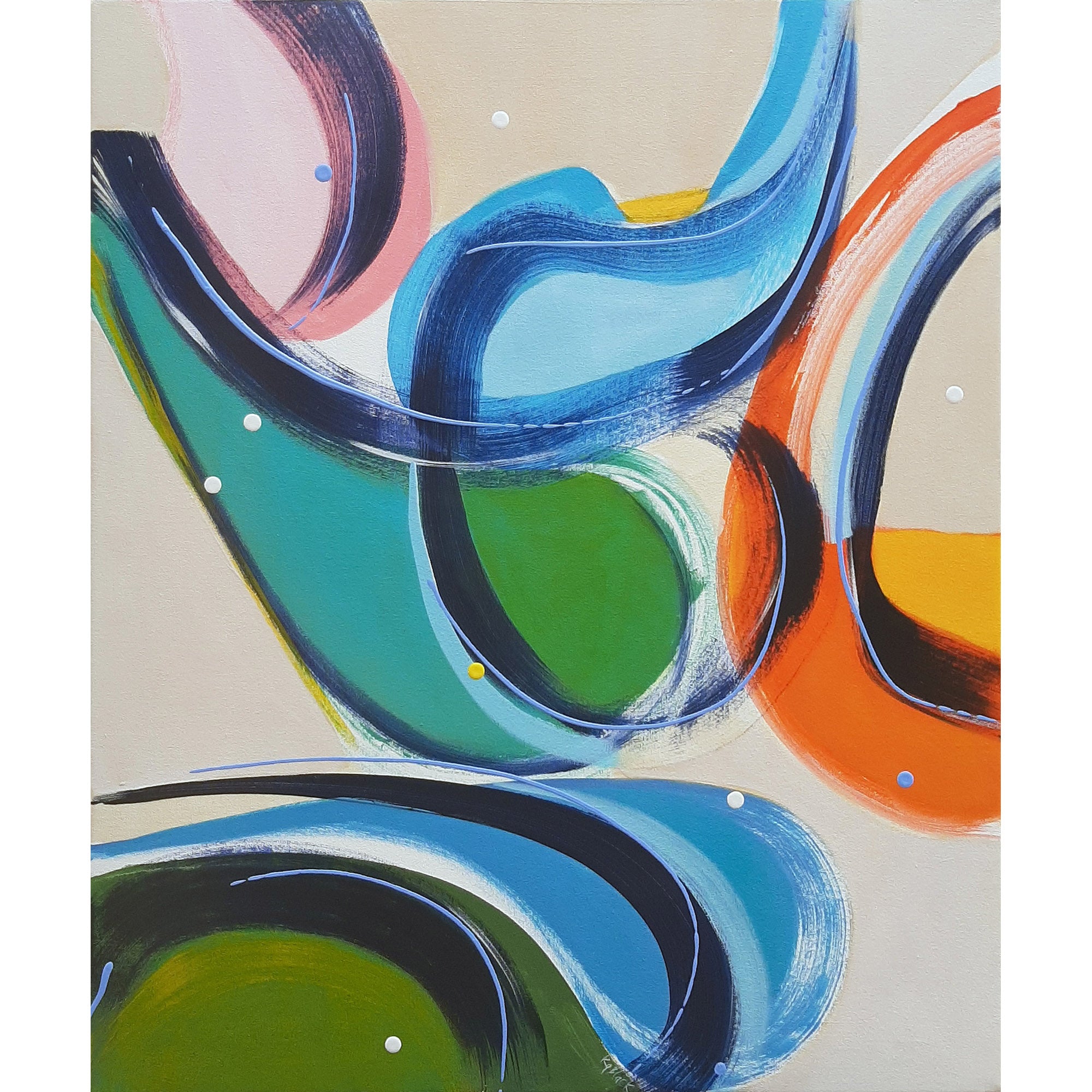 Gossip Guys original abstract painting by Kirsty Black featuring bold sweeping curves in blue, green, orange and pink interweaving across a warm neutral ground