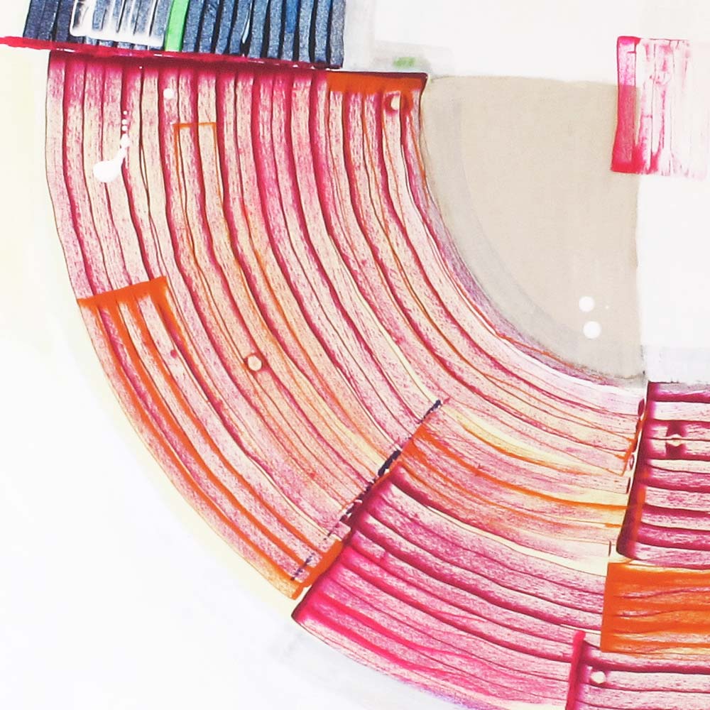 Detail of Hamster Roulette showing textured pink and coral curved brushwork with orange accents and rhythmic linear patterns
