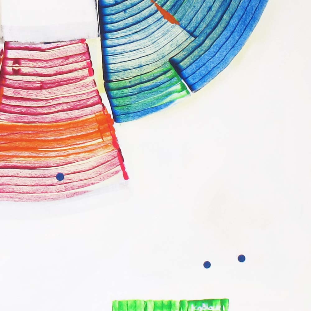 Close-up of Hamster Roulette showing transition between vibrant pink orange curved sections and layered blue green strokes with scattered blue dots