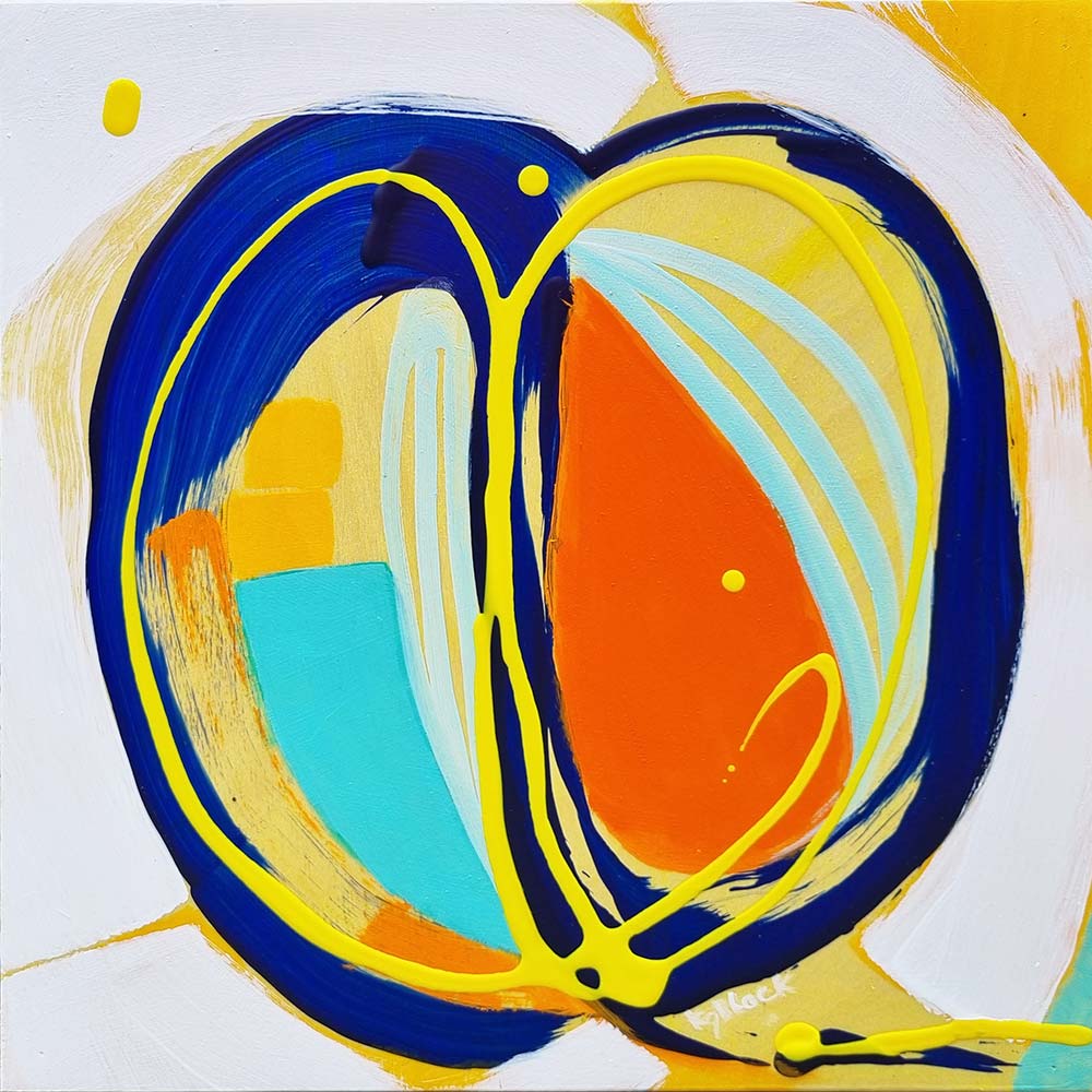 Small, square energetic abstract painting, blue, yellow, orange, aqua & white colour palette