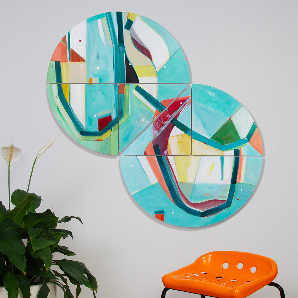 Dandy Horse Cruise modular abstract diptych wall installation by Kirsty Black above an orange chair & plant