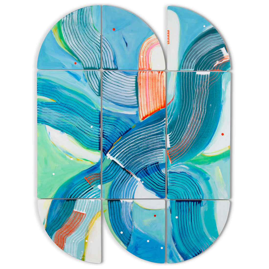Duck Derby, Triptych abstract painting with blue, green, orange fluid shapes forming a flowing, rhythmic composition across 3 panels