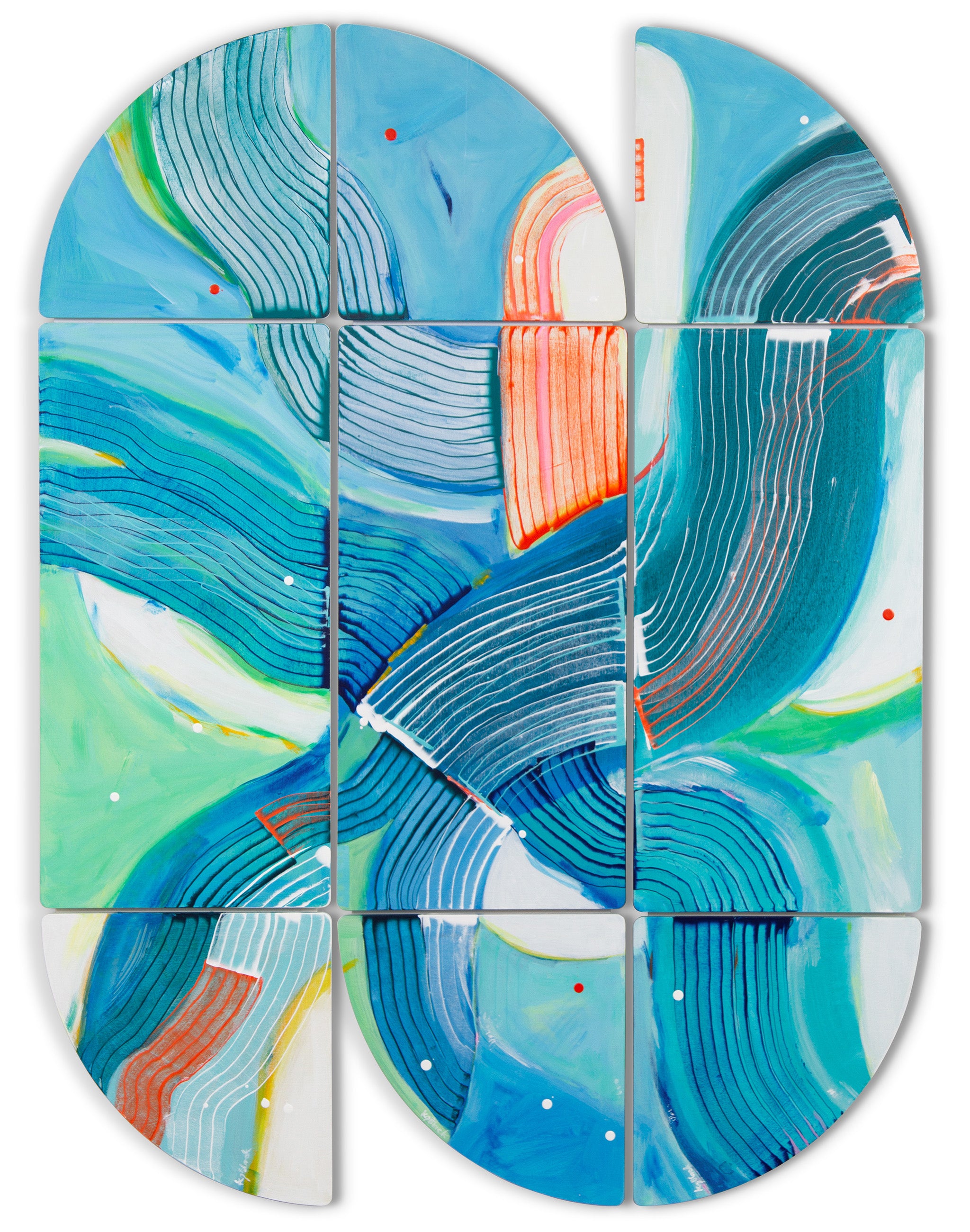 Cuck Derby, abstract triptych with bold brushstrokes in blue, green, and orange, creating a dynamic, flowing visual across three panels.