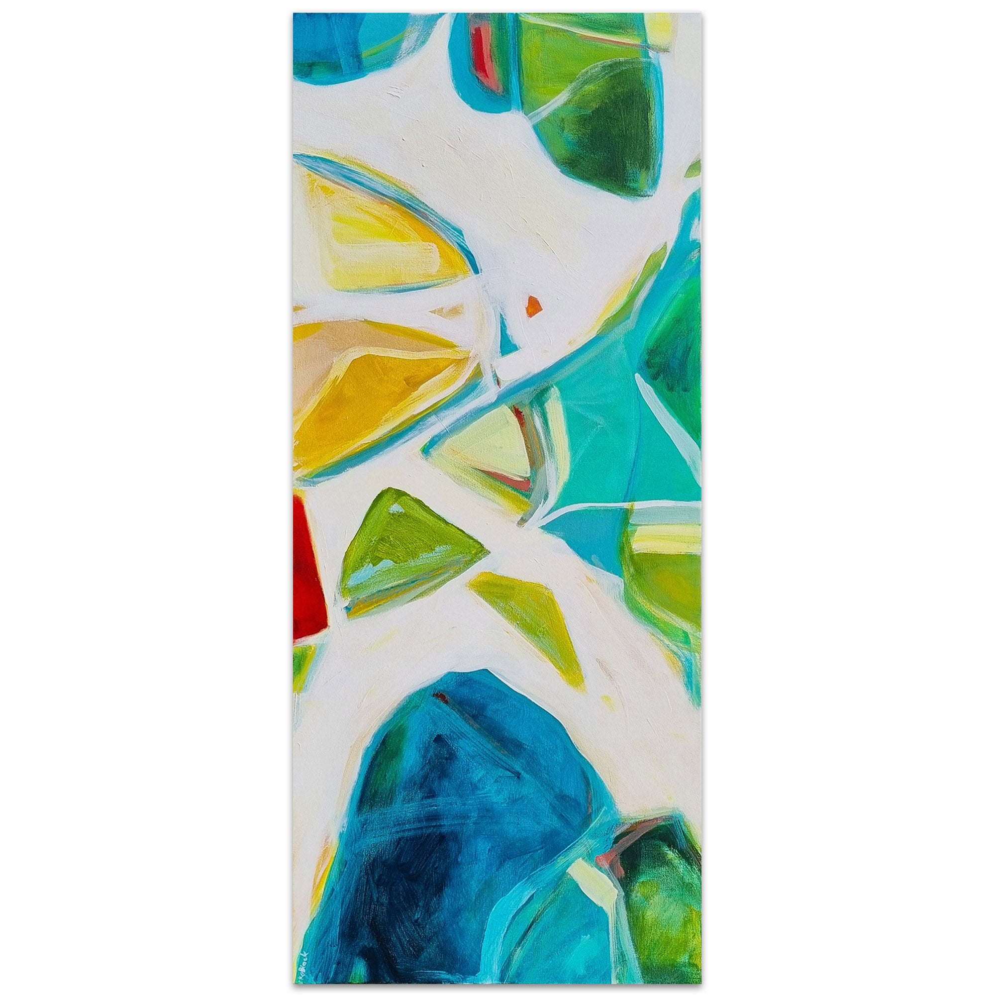 Jet Set Jaunt original abstract painting by Kirsty Black featuring fragmented geometric forms in forest green, lime, yellow-gold, teal and deep blue with red accents on bright white narrow portrait canvas