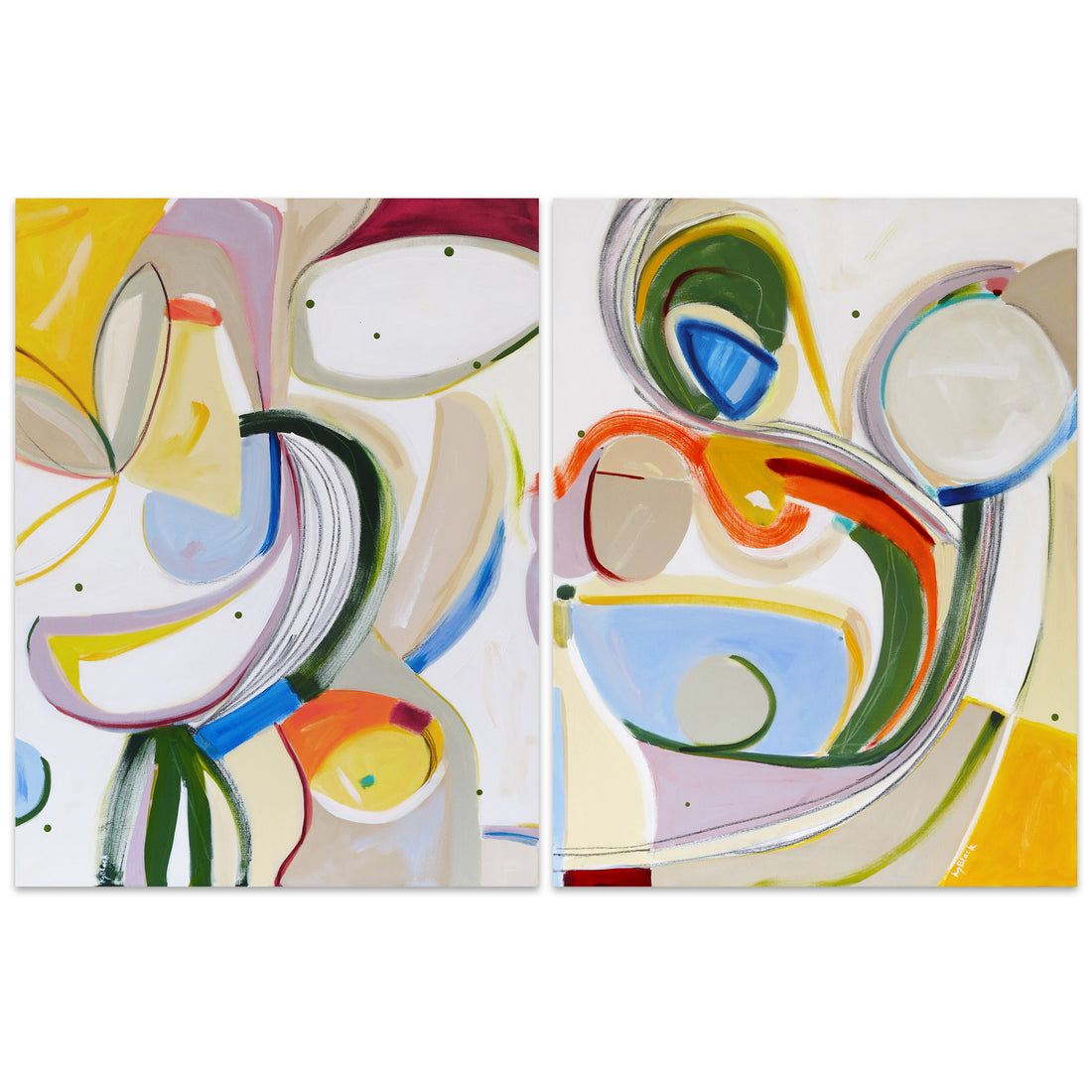 Jitterbug Jazz original abstract diptych by Kirsty Black featuring two vertical panels with sweeping green curves, yellow, orange, blue and cream organic forms on white canvas