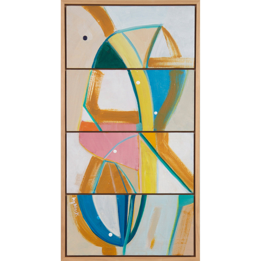 Jungle Jim, original abstract painting by Kirsty Black, vertical 4-tile artwork in ochre, teal, blue, yellow and pink in a natural pine frame on a white background