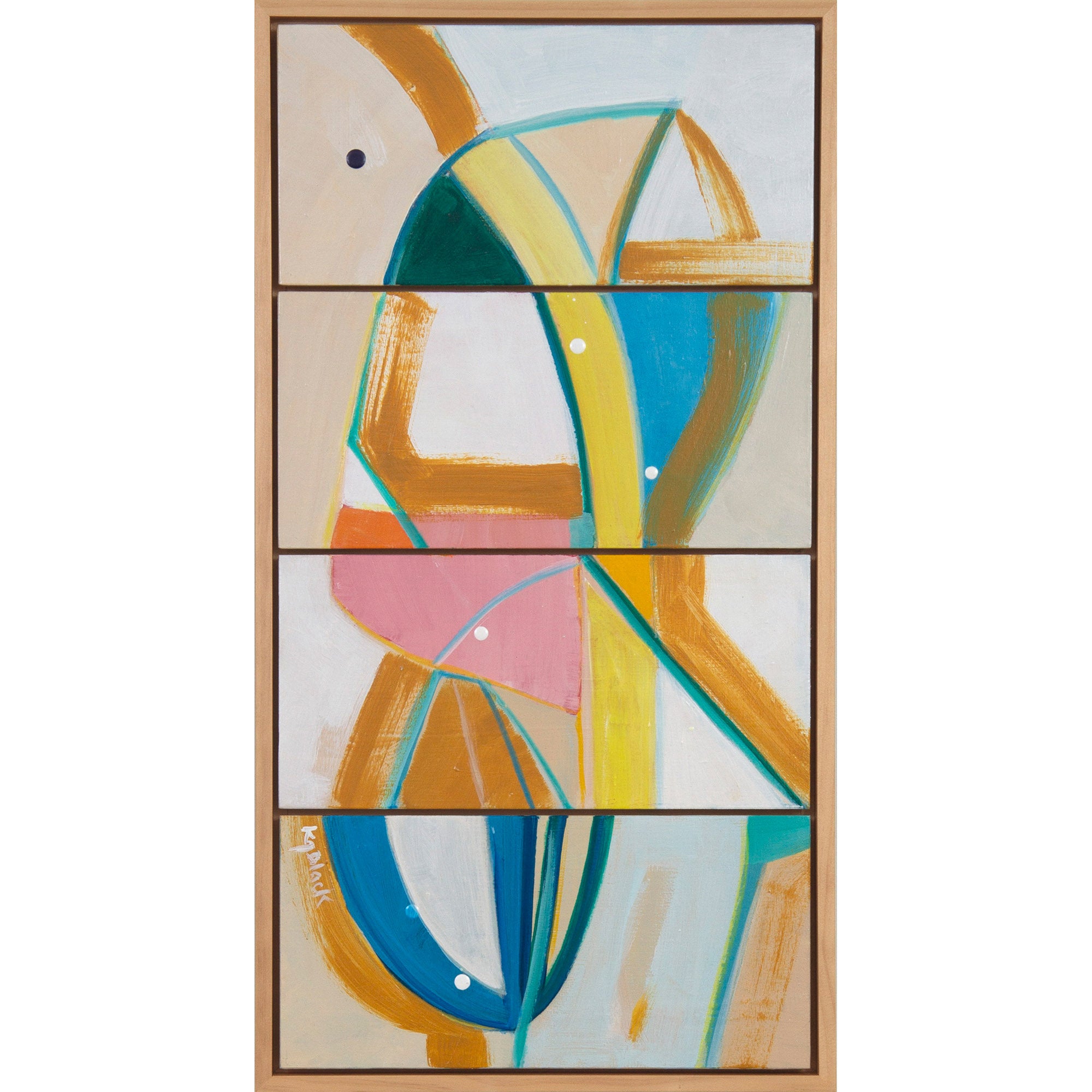 Jungle Jim, original abstract painting by Kirsty Black, vertical 4-tile artwork in ochre, teal, blue, yellow and pink in a natural pine frame on a white background